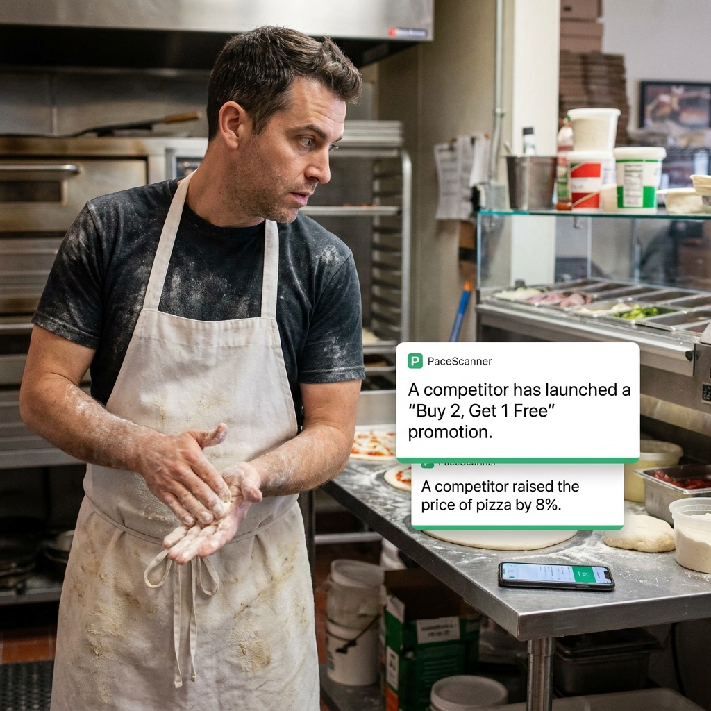 A pizzeria owner mid-prep glances at his phone, which just lit up with a PaceScanner alert about a competitor's price change